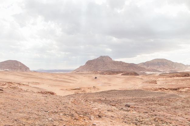 Deserto, montagne rosse, rocce e cielo nuvoloso. egitto, canyon di colore.