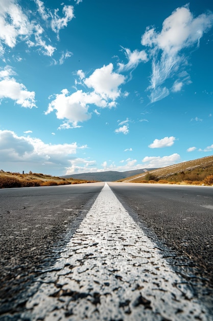 Foto la strada del deserto che si estende verso il cielo blu