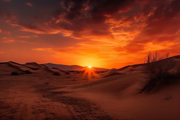 Песчаные дюны пустыни на фоне огненного закатного неба