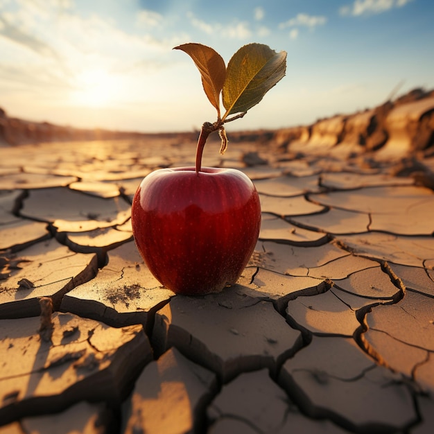 写真 ひび割れた地面にある砂漠の風景のリンゴは食糧不安、水不足、農業危機を意味する f