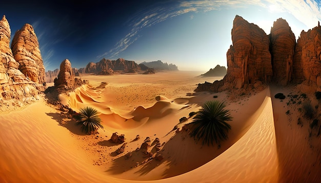 A desert scene and mountains in the background