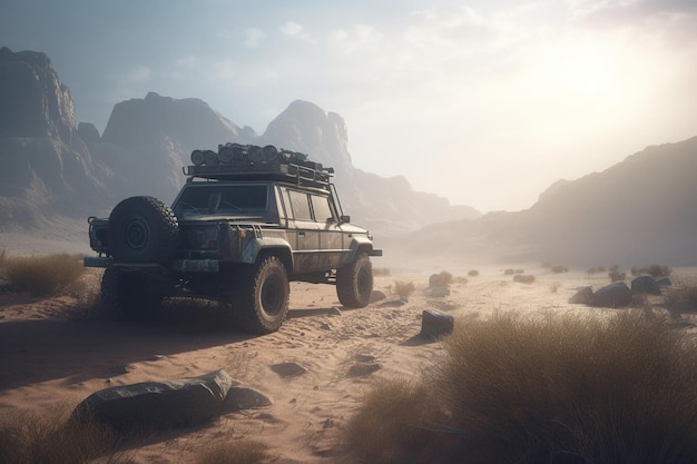 A desert scene with a 4x4 vehicle in the desert.