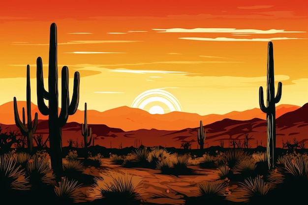 Photo desert scene with barrel cactus silhouette