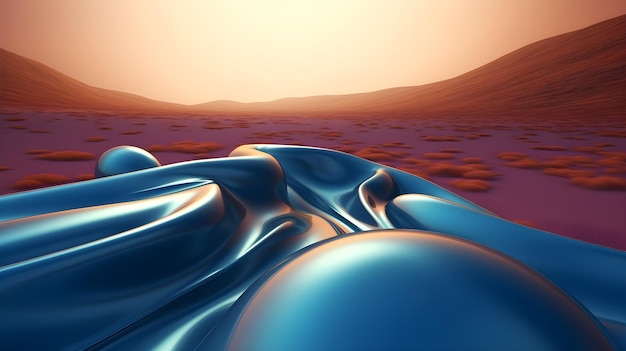 A desert scene with a blue sphere in the foreground.