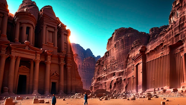 A desert scene with a building in the background and a sign that says'petra '