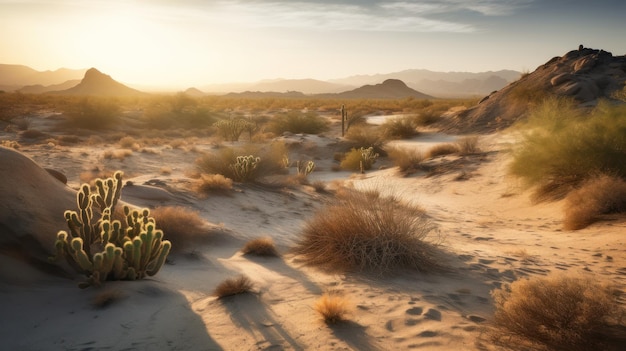 Сцена в пустыне с кактусом на переднем плане и горой на заднем плане.