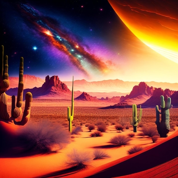 A desert scene with a cactus and a galaxy in the background.