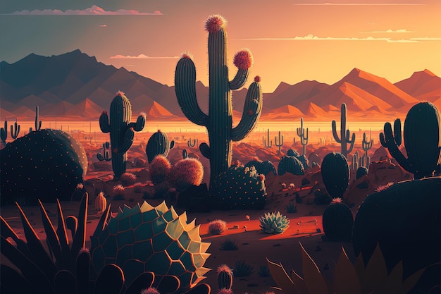 A desert scene with a cactus and mountains in the background Generative AI