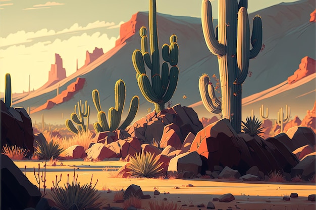 A desert scene with a cactus and mountains in the background Generative AI