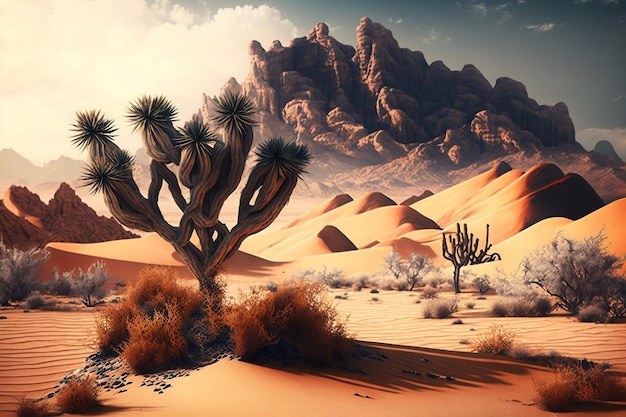 A desert scene with a cactus and mountains in the background.