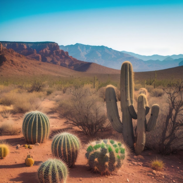 A desert scene with a cactus and mountains in the background.