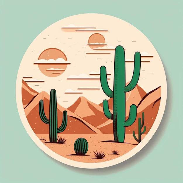 A desert scene with a cactus and mountains in the background.