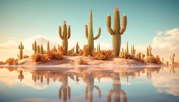 A desert scene with a cactus and a sky background