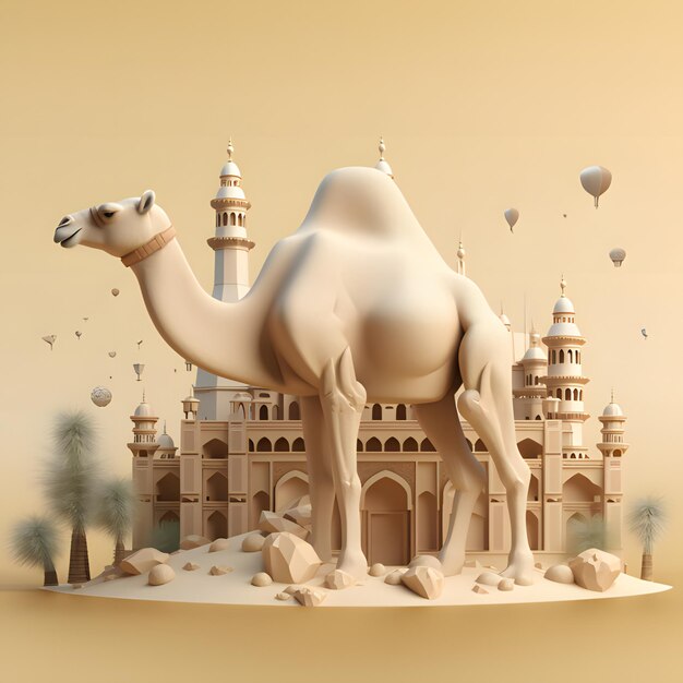 A desert scene with a camel and a castle