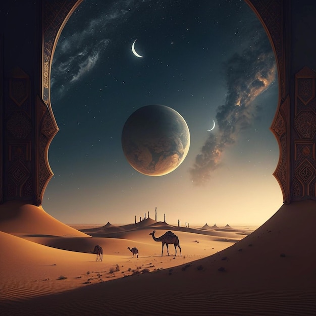 A desert scene with a camel and a moon in the background.