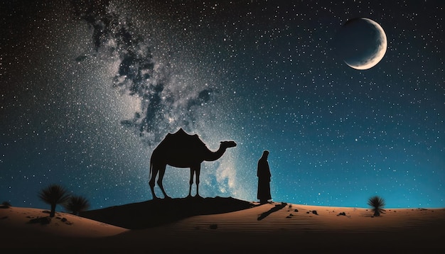 A desert scene with a camel and the moon in the background.