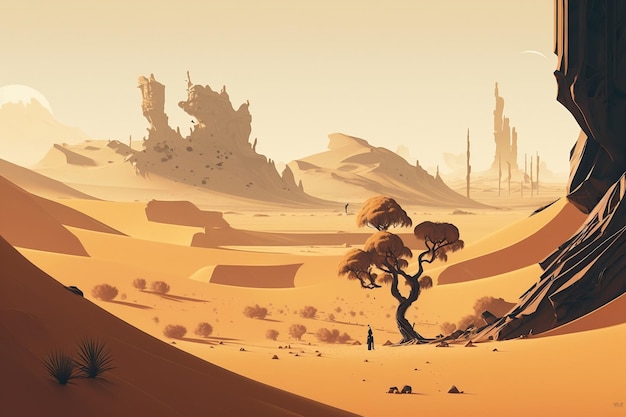 A desert scene with a castle in the background.