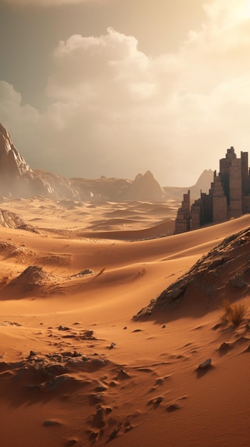 A desert scene with a castle in the middle