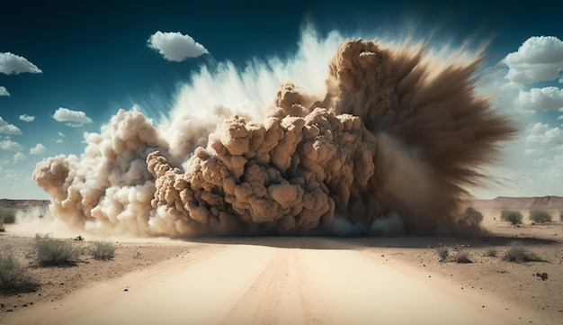 Photo a desert scene with clouds and smoke coming out of the ground