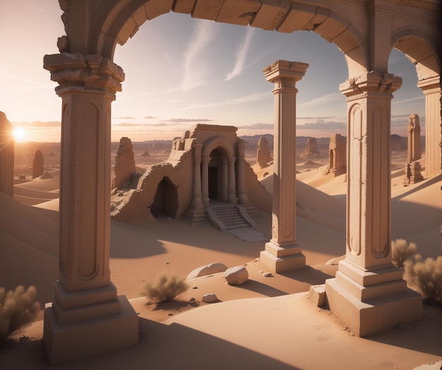 A desert scene with columns and a desert scene