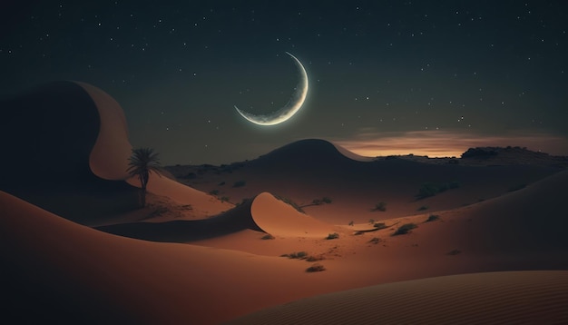 A desert scene with a crescent moon in the sky