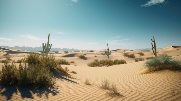 A desert scene with a desert landscape and a cactus.