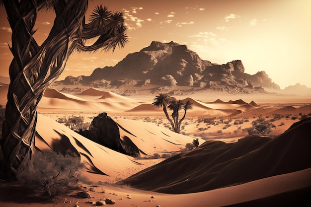 A desert scene with a desert landscape and a mountain in the background.