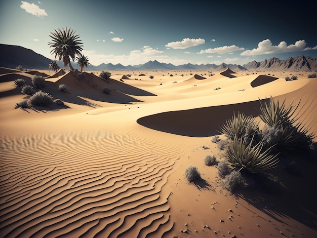 A desert scene with desert and palm trees.