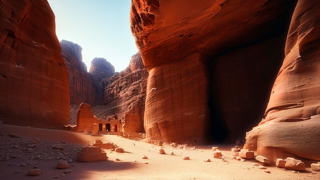 A desert scene with a desert scene and a building in the foreground.