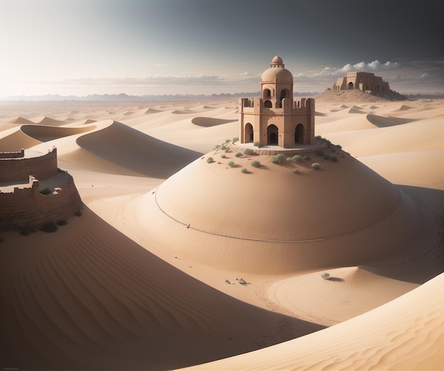 A desert scene with a desert scene and a building with a dome on it.