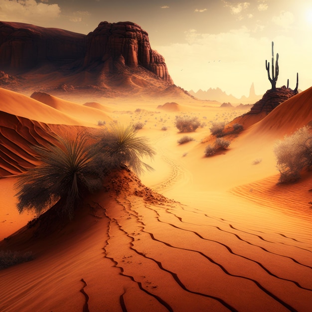 Foto una scena del deserto con una scena del deserto e un cactus.