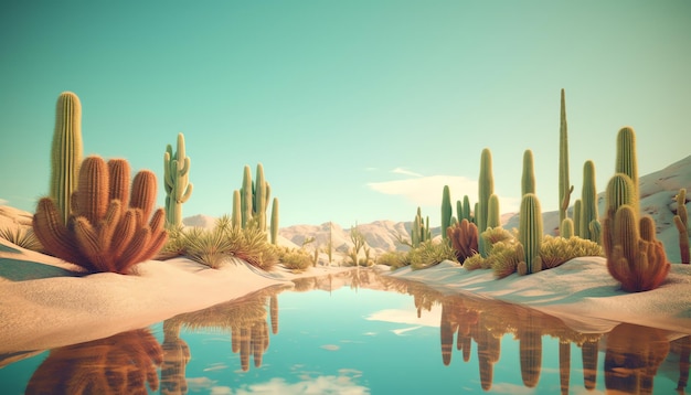 A desert scene with a desert scene and cactuses