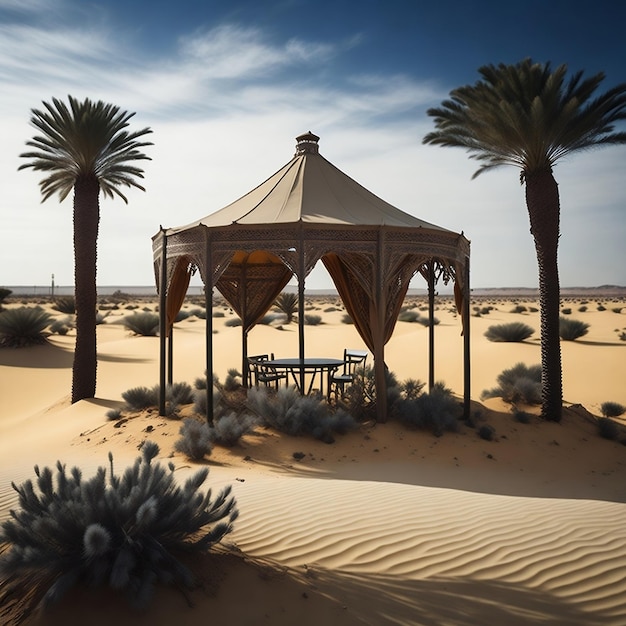 A desert scene with a desert scene and a gazebo