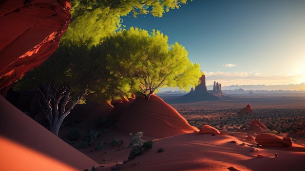 Пустынная сцена с пустынной сценой и горой на заднем плане.