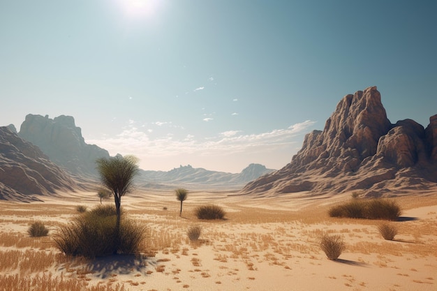 A desert scene with a desert scene and mountains in the background.