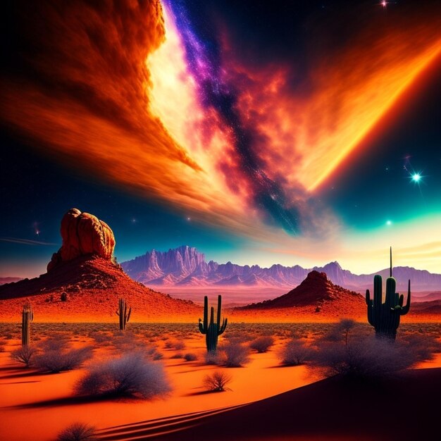 A desert scene with a desert scene and a nebula in the background.