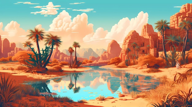 A desert scene with a desert scene and palm trees.