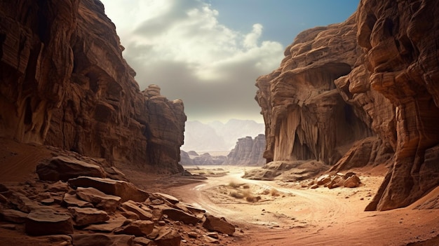 A desert scene with a desert scene and a sky in the background.