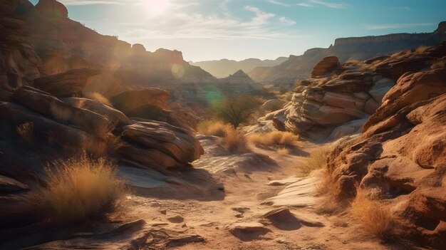 A desert scene with a desert scene and a sunset in the background.