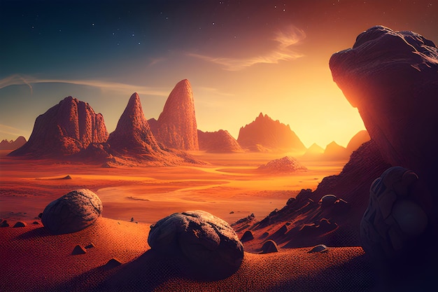 A desert scene with a desert scene and a sunset.