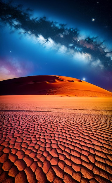 A desert scene with a galaxy in the background