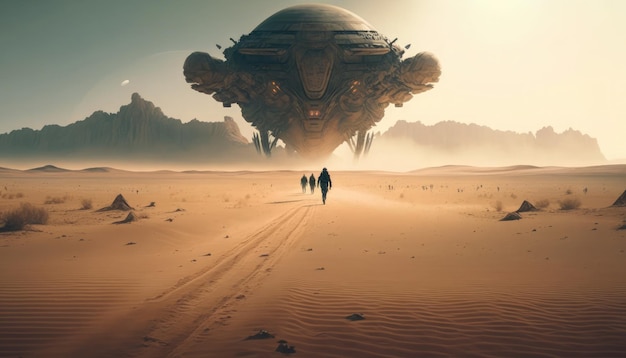 A desert scene with a giant spaceship in the background