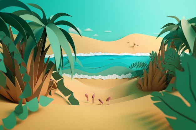 A desert scene with a lake and palm trees.