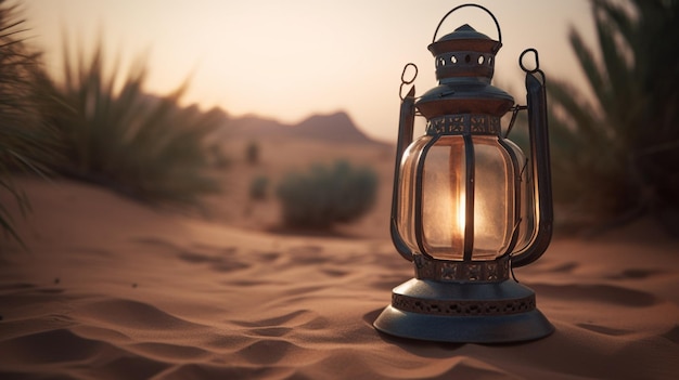 A desert scene with a lantern in the desert.