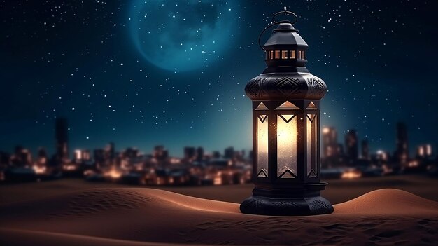 A desert scene with a lantern in the middle of the night Ramadan poster