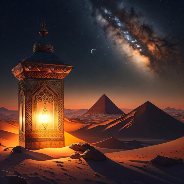 A desert scene with a lantern and the milky way in the background.