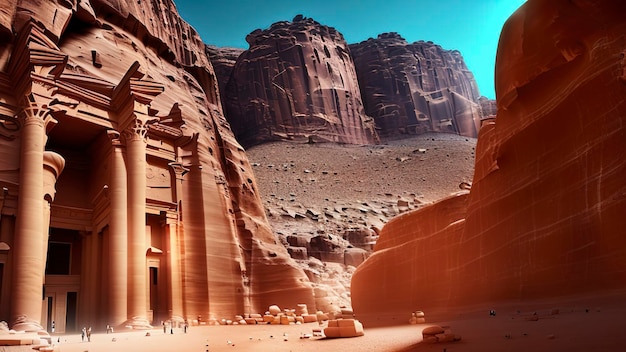 A desert scene with a large number of people walking in front of a large building.