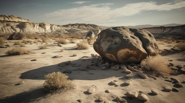 A desert scene with a large rock in the foreground and a desert landscape.