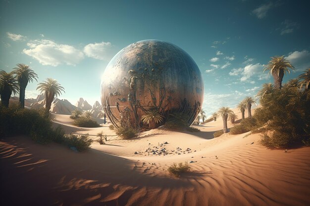 Photo a desert scene with a large silver sphere in the middle of the desert earth day