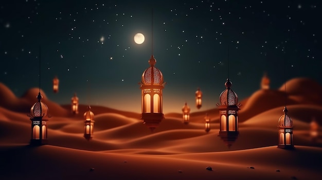 A desert scene with lights and a moon in the background.